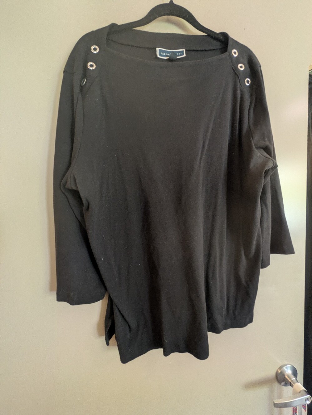 Karen Scott Plus Size Black, long sleeve, boat neck top, with collar ring detail